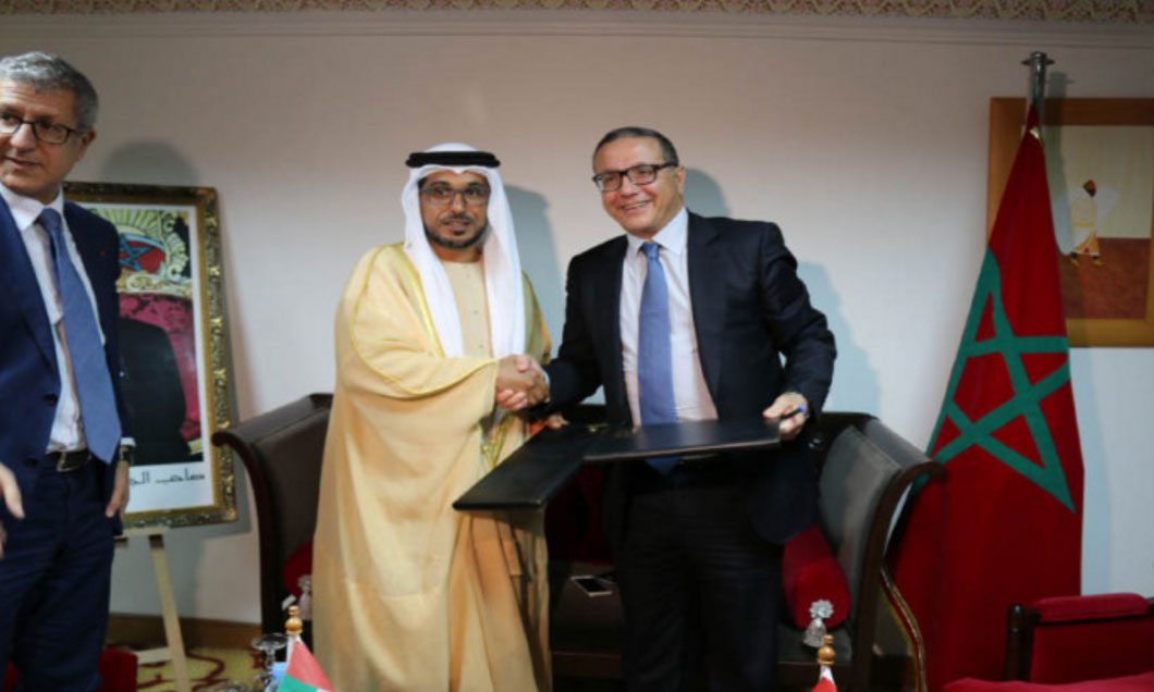 Mohammed Saif Al Suwaidi, Director-General of ADFD, and Mohamed Rabie Khlie, CEO of ONCFM, at the signing agreement. (WAM)